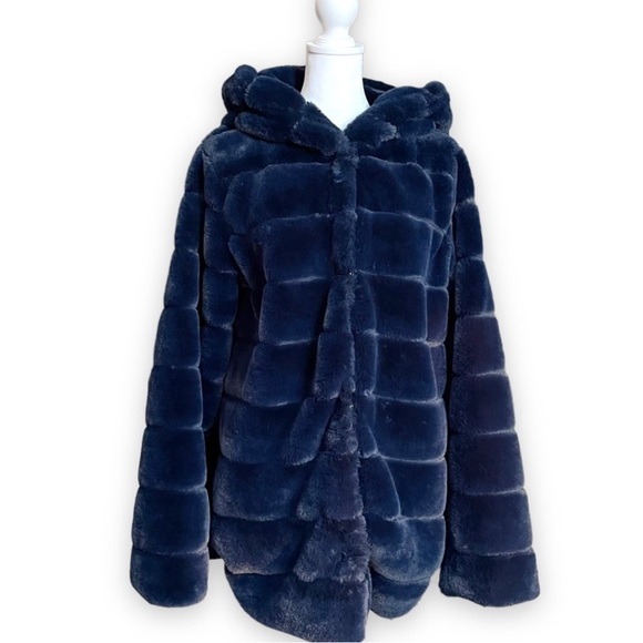 Laundry By Shelli Segal Hooded Faux Fur Coat In Color Blue Size Large - Picture 4 of 9